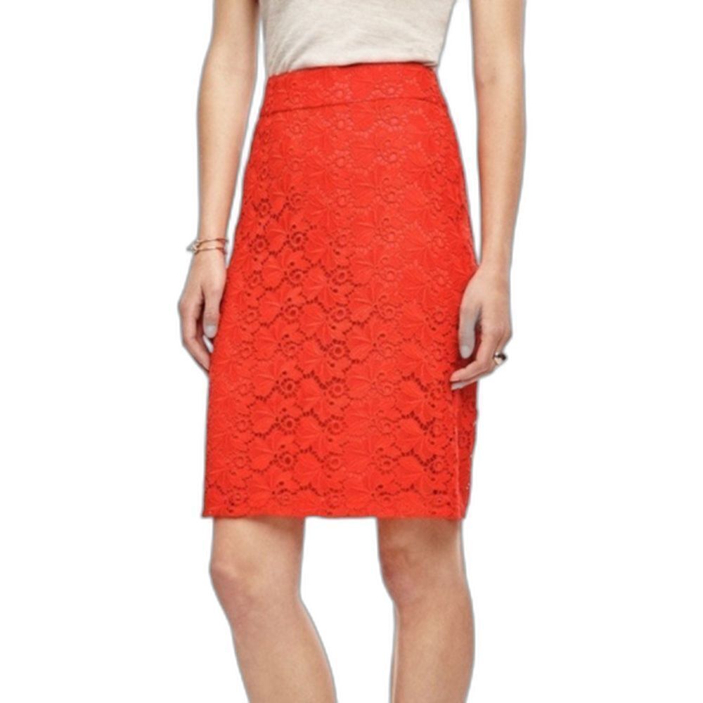 Ann Taylor Floral Lace Pencil Skirt Women's Size 8 Fiesta Orange
